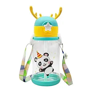 Water Bottle with Straw - BPA Free, Leak-Proof, Non-Toxic Plastic Water Bottle for Kids With Strap, Deer Horn Sipper Bottle for School and Home