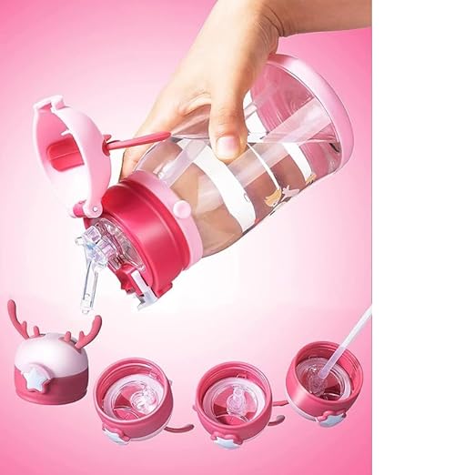 Water Bottle with Straw - BPA Free, Leak-Proof, Non-Toxic Plastic Water Bottle for Kids With Strap, Deer Horn Sipper Bottle for School and Home