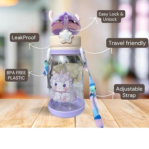 Water Bottle with Straw - BPA Free, Leak-Proof, Non-Toxic Plastic Water Bottle for Kids With Strap, Deer Horn Sipper Bottle for School and Home