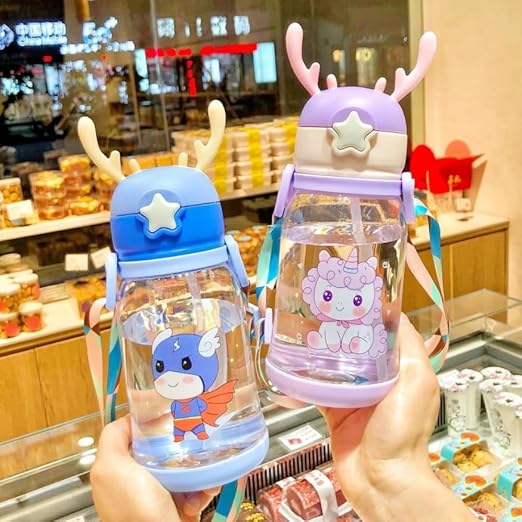Water Bottle with Straw - BPA Free, Leak-Proof, Non-Toxic Plastic Water Bottle for Kids With Strap, Deer Horn Sipper Bottle for School and Home