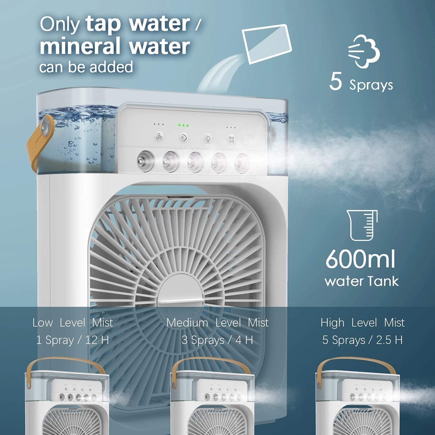 Portable Air Cooler Fan with Mist, USB Powered, Water Tank, 3 Speed Settings, Air Cooler Fan with Water Tank & USB Power, Mini Personal Cooler with 3 Speeds for Home, Office