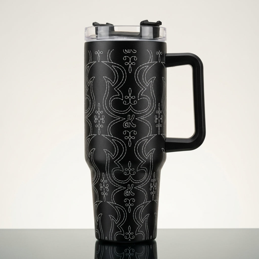 Stainless Steel Black Printed 1200 ml Tumbler With Steel Straw