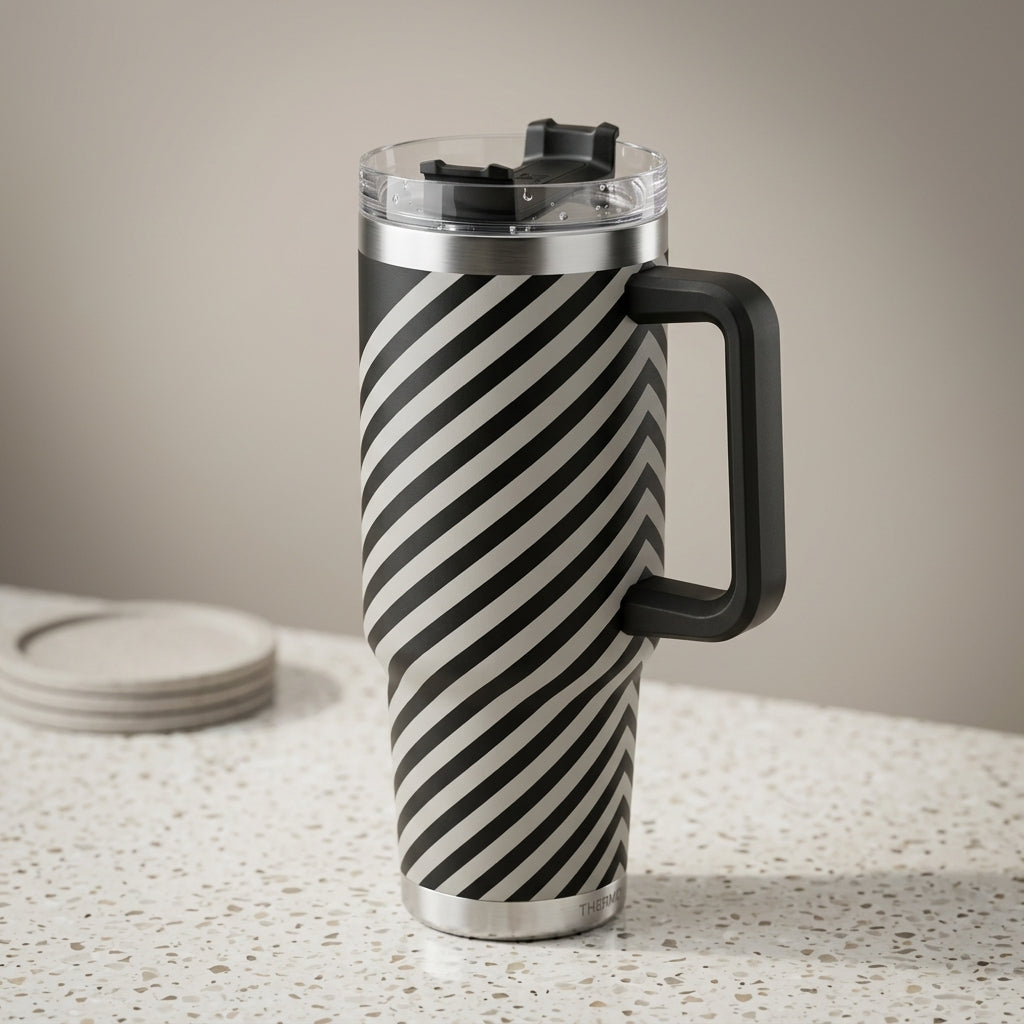 Stainless Steel Striped 1200 ml Tumbler With Steel Straw