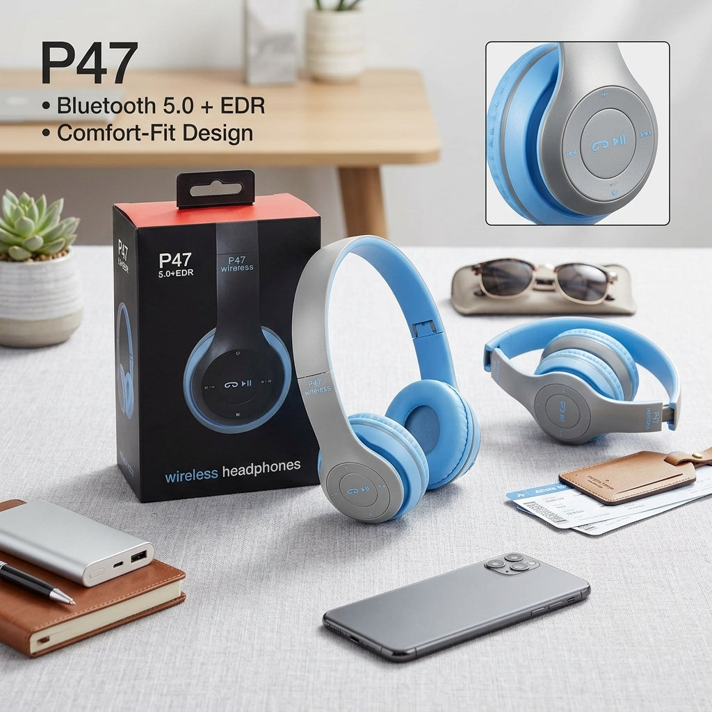 P47 Wireless Headphones budget-friendly, over-ear Bluetooth headphones designed for daily casual listening, sports, and travel.