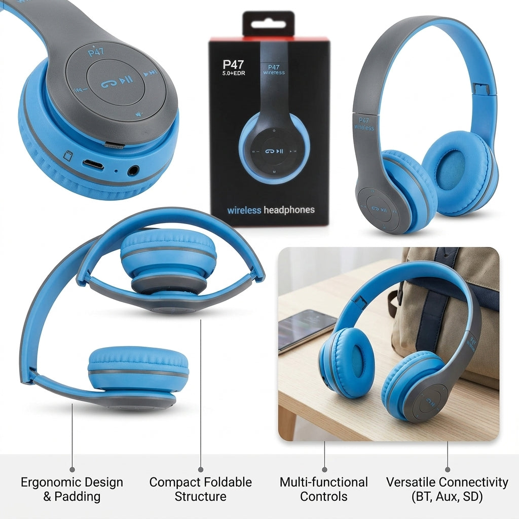 P47 Wireless Headphones budget-friendly, over-ear Bluetooth headphones designed for daily casual listening, sports, and travel.
