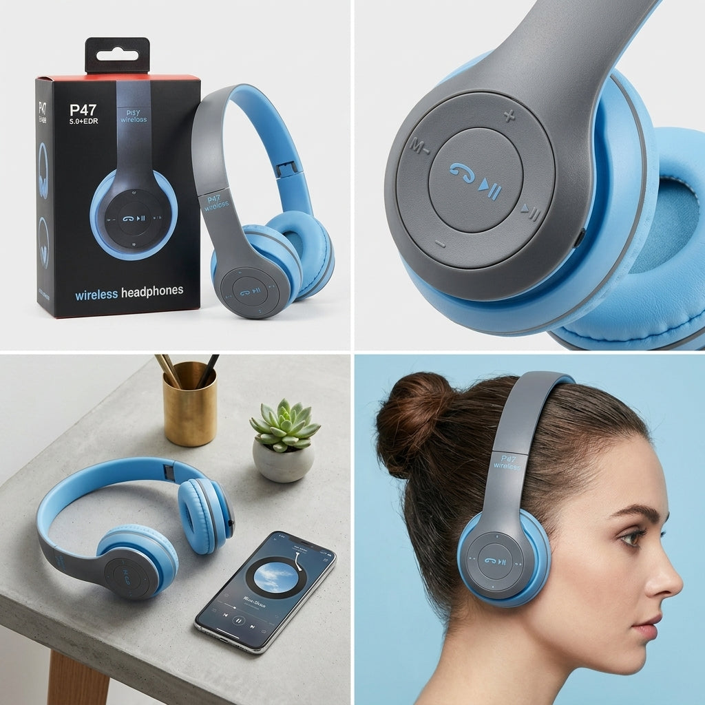 P47 Wireless Headphones budget-friendly, over-ear Bluetooth headphones designed for daily casual listening, sports, and travel.